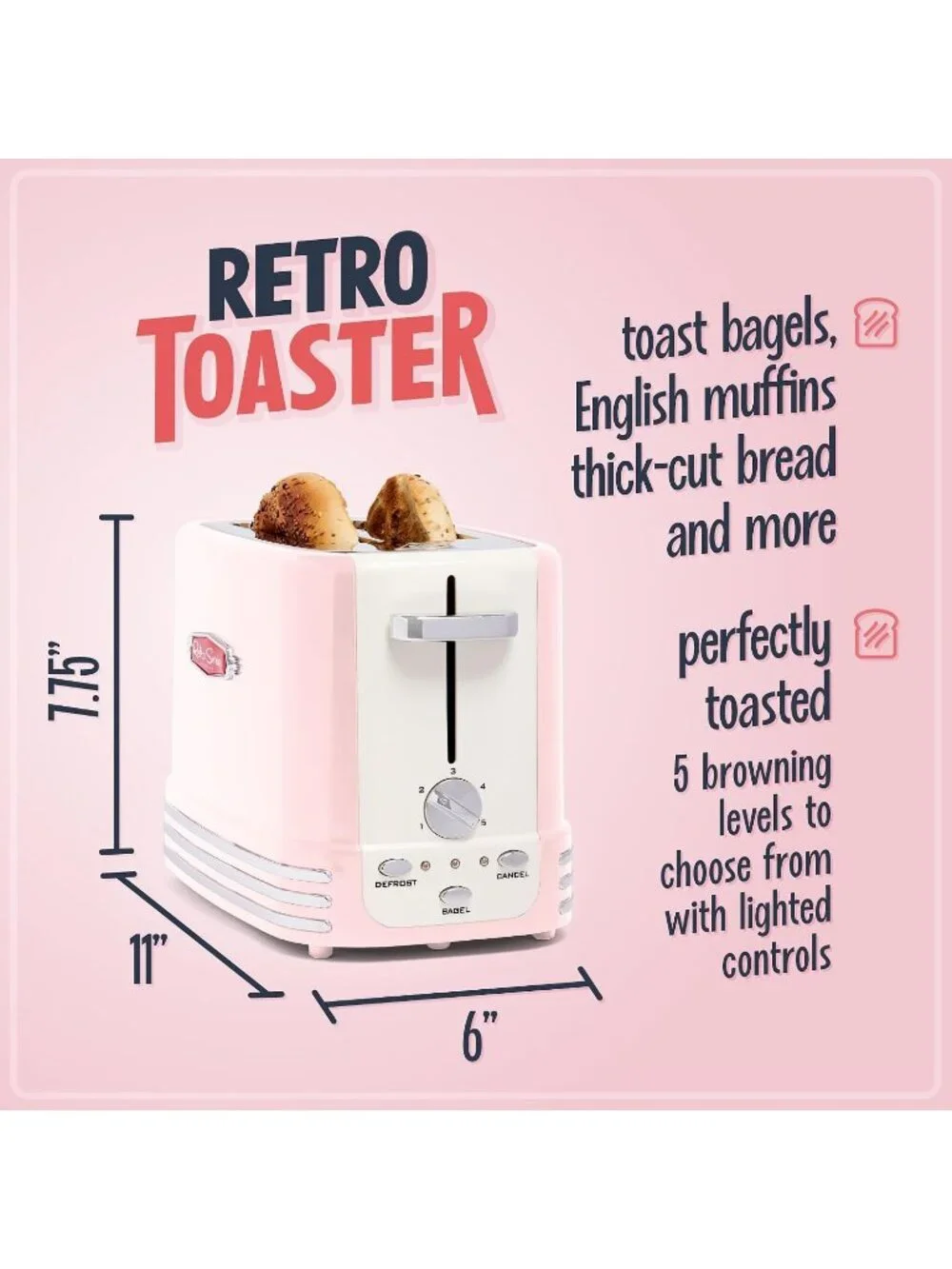 Retro Wide 2-Slice Pink Vintage Design With Crumb Stainless Steel Tray Toaster